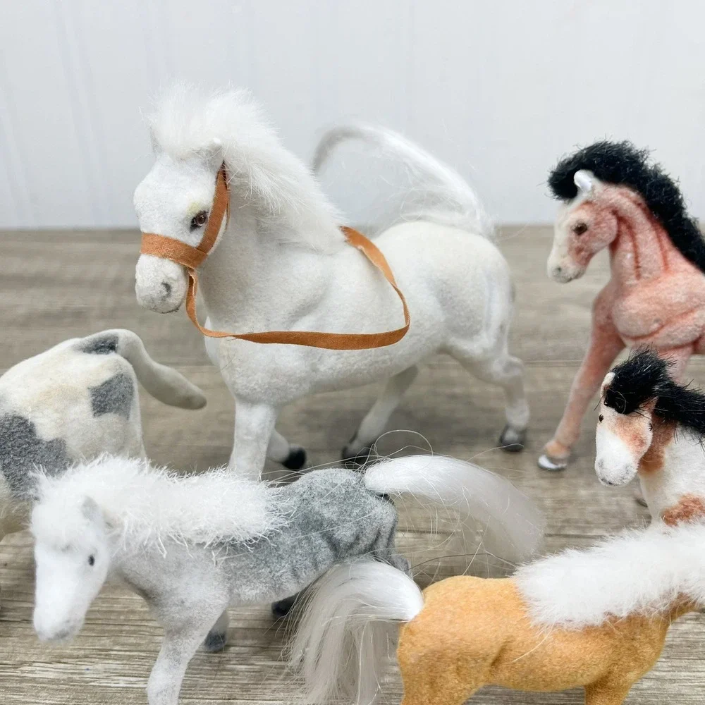 Vintage Flocked Horse and Cow Figurines Lot of 6 Fuzzy Farm Animals Toy Set